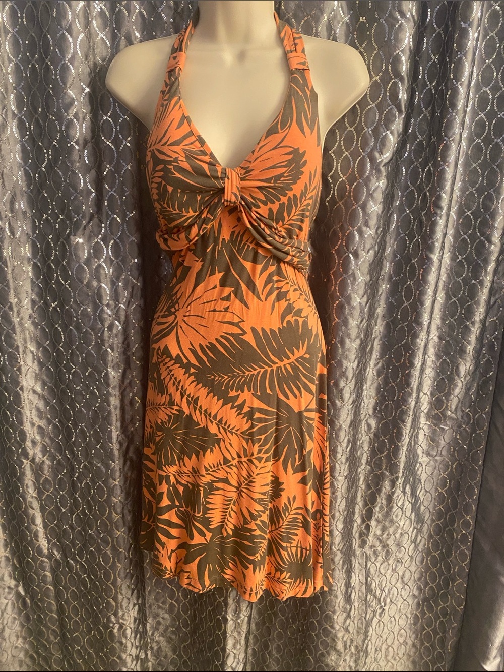 Orange Palm-Print Halter Dress